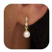 Gold Pearl Earrings, Dainty 14k Gold Cubic Zirconia Stud Dangly Earring for Women with Butterfly Earring Backs,Costume Helix Piercing Jewellery Birthday Gifts for Her Mum