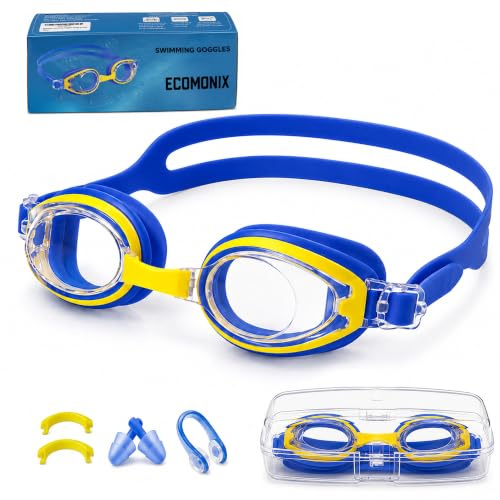 Kids Swimming Goggles, Anti-Fog & UV Protection, Leak-Resistant Swim Goggles for Boys & Girls, Comfortable Silicone Seal, Easy Adjustable Strap, Ages 3-14, With Nose Clip, Earplugs and Protective Case