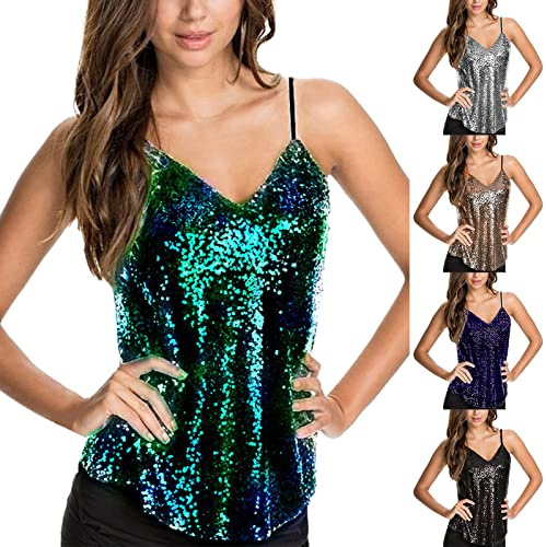 Generisch Pailletten Oberteil Damen - Glitzer Tops Sparkle Shimmer Karneval Neckholder Trägertops Sequin Party Glänzendes Faschingskostüme Pfau Weste Top Pailetten Spaghettiträger Leibchen Kostüm