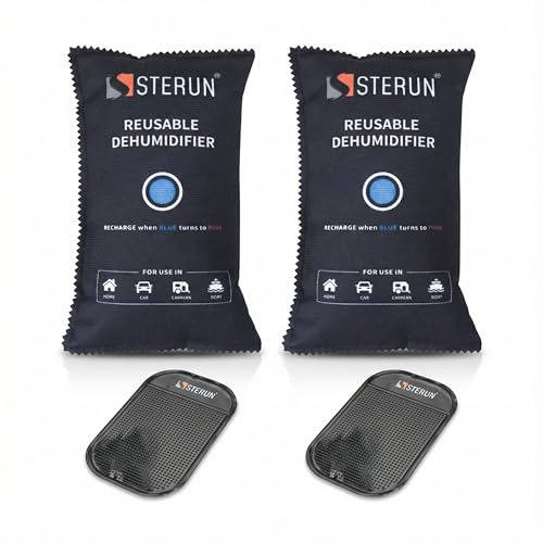 Sterun Reusable Car Dehumidifier Bag 1kg with Anti-Slip Dashboard Pad, Silica Gel Moisture Absorber, Colour Change Indicator, Ideal for Vehicles, Prevents Damp and Condensation (2 Pack)