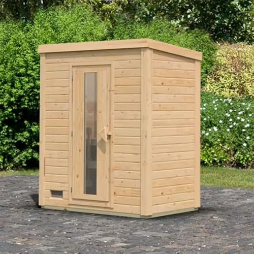 Karibu Hytti 0 | Sauna Extérieur Bois Massif 2 Places 38mm | Poêle Easy Bio 9kW, Porte Verre Isolant | Dimensions 196x113cm, Toit Plat