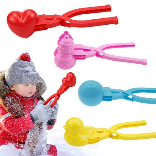 4 Pieces Snowball Maker Clips, Duck Bear Dinosaur Heart Shaped Snowball Molds, Winter Outdoor Snow Toys, Sand Clay Mold Tools, Snowball Fight Accessories, Beach Play Equipment (Red_A)