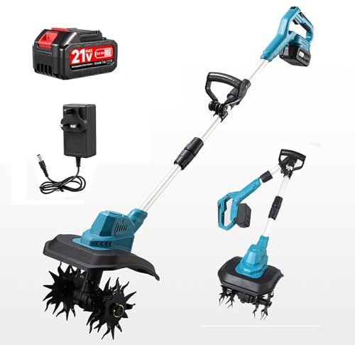 Motozappa A Batteria 21v, Motozappa Elettrica Da 500 Giri/min Con 2 Batterie E Impugnatura Regolabile, Rivoltatore Pieghevole, Larghezza Di Lavoro 22,8 Cm, Profondità 17,8 Cm, Per Coltivazio 1Battery