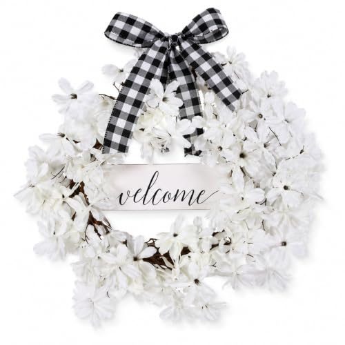 16 Inch Summer Door Wreath, Artificial White Floral Wreath with Welcome Sign and Black Checked Bow for Front Door, Wall, Window, Porch and Home Decor