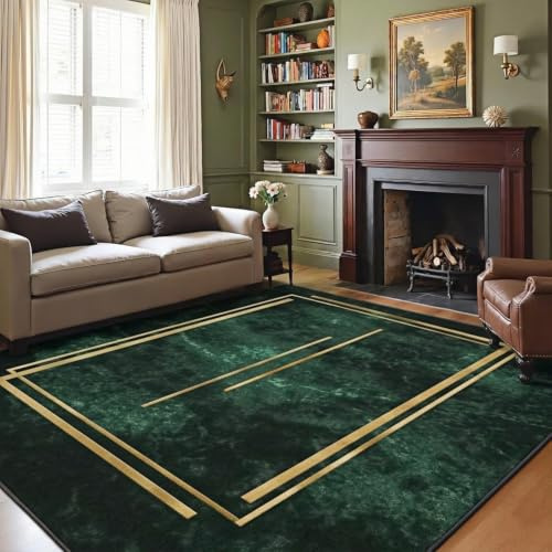 Zhaotingrui Rugs for Living Room, Machine Washable Non Slip Lounge Rugs | Luxury Green Rugs, 120x170cm Modern Geometric Area Rug with Gold Lines, Soft Short Pile Carpet for Bedroom & Home Offic
