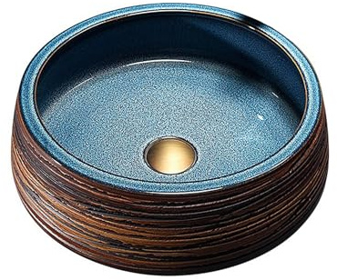 XCLOOZGL Lavabo da Appoggio Rotondo per Bagno Lavabo da Bagno Moderno E Artistico Lavandino da Appoggio Vintage con Rubinetto in Ottone Lavello in Ceramica per Casa Negozi,Sink