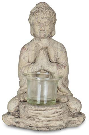 levandeo Teelichthalter Buddha Figur Keramik 19cm hoch Windlicht Grau Kerzenhalter Tischdeko
