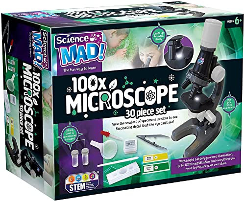 Science Mad 100x Microscope For Kids - Learn How To Magnify With Fun - Features Powerful Illumination, 100x Magnification, Slides and Tools Included, 6+ Years, Rose