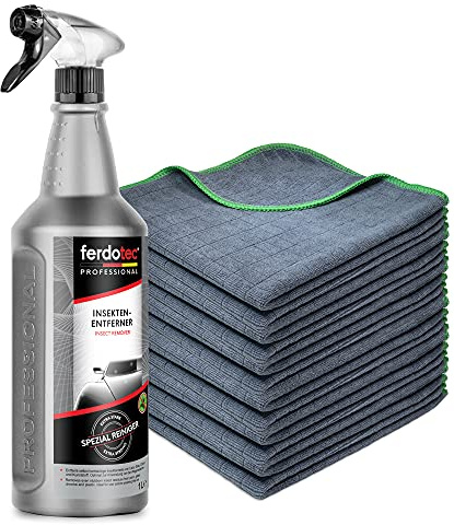 ferdotec® 1L Auto Insektenentferner + 12 x Mikrofasertücher 380GSM 40x40cm (grün/anthrazit) | Insektenreiniger extra stark für Glas-, Lack- & Chromflächen | Premium Autopflege zurInsekten-Entfernung