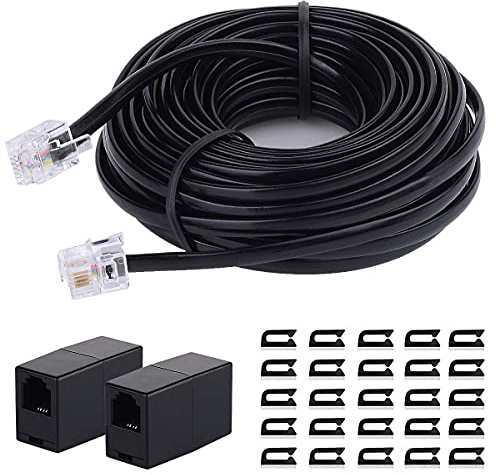 Cavo di prolunga per telefono, 25 m, accoppiatore telefonico, SHONCO RJ11 6P4C cavo telefonico e 2 accoppiatori in linea, confezione da 25 supporti per morsetto, nero