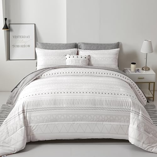 WONGS BEDDING Juego de edredón Bohemio tamaño King, 7 Piezas Gris y Blanco geométrico Bohemio en una Bolsa, Juego Completo de Ropa de Cama a Rayas para Todas Las Estaciones con sábanas, Fundas de