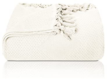 LAYNENBURG Premium Tagesdecke mit handgeknüpften Fransen - 100% Baumwolle - 150 x 220 cm - Waffelpique Sommerdecke - Baumwolldecke als Bett-Überwurf, Couch-Überwurf & Sofa-Decke (Naturell)
