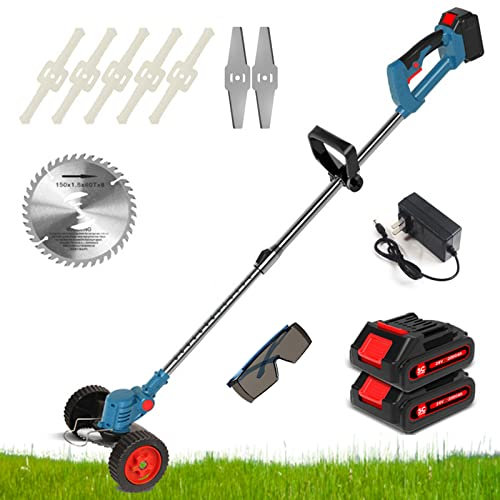 Cortabordes A Batería De 21V, Recortadora De Césped con Batería De 2Ah Y Cargador, Desbrozadora Eléctrica con 3 Tipos De Cuchillas para Cortar Césped, Cuidado del Césped, Entrada Y Jardín