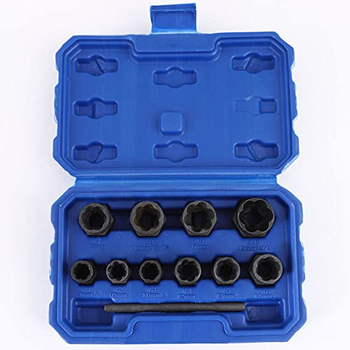 11PCS Impact Bolt & Nut Extractor Set, 9-19mm Damaged Lug Nut Remover Twist Sockets Tool Set with Punch Bar
