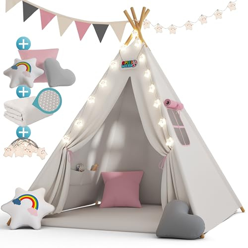SpielwerkŽ Tipi Infantil Tienda de Campańa Nińos Infantil 3 Cojines 130x130x160cm Luces 20 LED's Alfombra Carpa Juegos Navidad Rosa