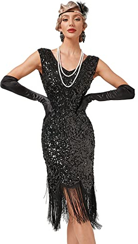BOFUNX Abito Donna Anni 20 con Frange e Paillettes - Vestito da Donna per Carnevale e Feste a Tema
