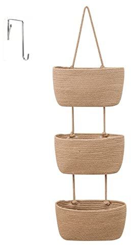 maxant 3-Tier Over the Door Hanging Basket, Wall Mount Storage Organiser Bag, Cotton Rope Woven Solution with Hook, Decorative Baskets for Bedroom, Living Room, Bathroom, Nursery (B), (UD0335)