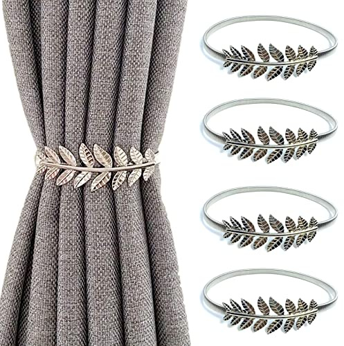 4 Pack Adjustable Silver Leaf Curtain Tie Backs, Elastic Alloy Curtain Straps, Spring Curtain Holdbacks with Leaves Design, Buckle Clips for Home Bedroom Window Decoration