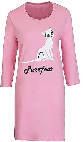 NR TEXTILES Dam nattlinne kortärmad sömn lång sommar sovskjorta rund hals nattkläder skjorta husklänning, Purrfect Tryck/Rosa/Ls, Long Sleeve / S(10-12)