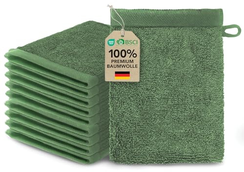 Ôhm Set 10er Waschhandschuh 15x20 cm – 100% Baumwolle 500 g/m² Tannengrün – extra weich & saugstark – Oeko-Tex