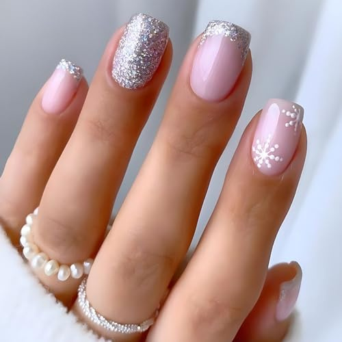 Ceboic 24 Stück Weihnachten Künstliche Nägel Kurz, Eckig Rosa Glitzer Nägel Zum Aufkleben mit Schneeflocke, Acryl French Press on Nails Full Cover Falsche Nägel für Frauen Festival Nail Dekoration