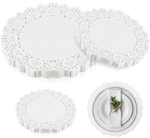 Mozeat Lens 90 Stück weiß Tortenspitze Rund Papierdeckchen Spitze Größen Spitzenpapierdeckchen dekorative Papier-Tischsets Deckchen für Esstisch, Kuchen, Basteln, Party, Hochzeit
