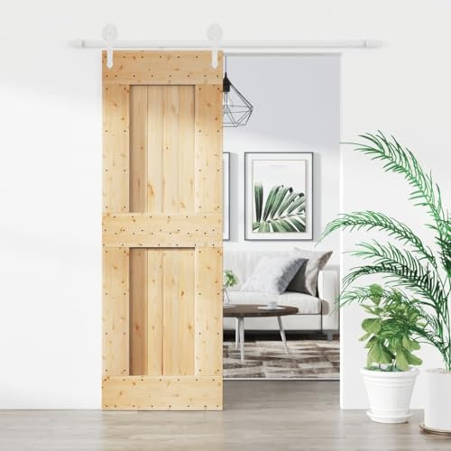 PRISSENT Schiebetür mit Hardware-Set, 70 x 210 cm, Massivholz, Kiefer, Schiebetüren für den Innenbereich, moderne Schiebetür, Holz, ideal für Küche, Scheune, Garage, Weiß und Braun