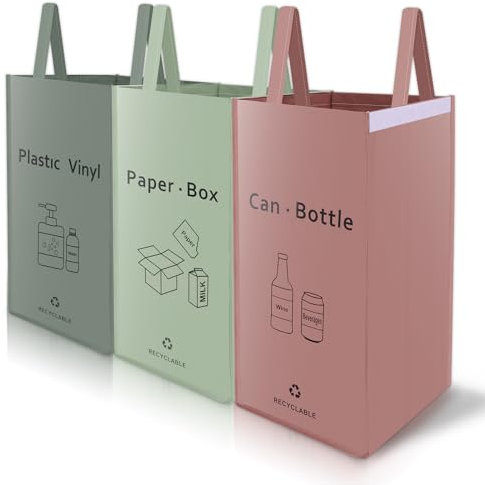 Zocipro 3Pcs Recycling Bags, 42 Gallon Separate Sorting Organizer Woven Waste Bins Bag, Reusable Heavy Duty Recycling Storage with Handle, Waterproof Recycle Bins for Kitchen Home Office