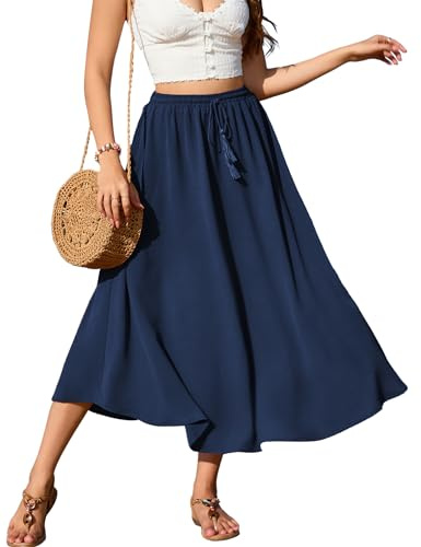 Zeagoo Jupe Longue Femme Taille Haute Jupe Maxi avec Cordon Simple Jupe Casual Midi Jupe de Temps Libre Mariage Cocktail Jupe Bleu Marine L