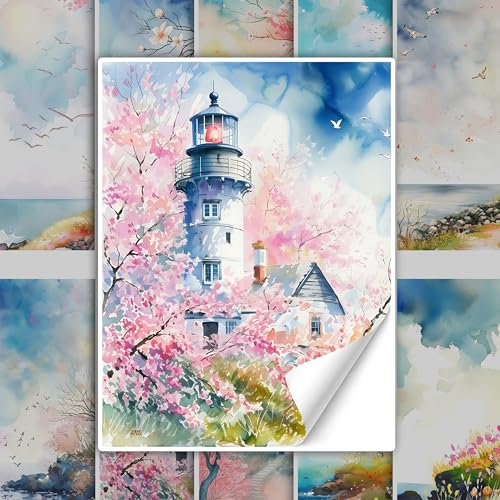 GRAZDesign Fliesenaufkleber Bad & Küche, maritim Leuchtturm mit Blumen Watercolor, Klebefliesen selbstklebend - 20x25cm / 50 Stück