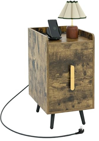 COSTWAY Table de Chevet avec Prise, Table de Chevet Intelligente 2 Tiroirs Coulissants, 1 Passe-câble, 2 Ports USB & 3 Prises, Bords Surélevés, Table de Nuit Design, 40 x 32 x 60 cm(Marron Rustique)