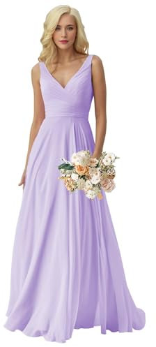 Vestidos de dama de honor de gasa largos de una línea fruncida formal, vestidos de noche, Color lila., 46