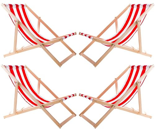 WOODOK Set di 4 sedie a sdraio in legno di faggio, Lettino da sole, da spiaggia, giardino, balcone e terrazza, Prendisole assemblato120kg Tessuto rimovibile e lavabile (Strisce rosse)