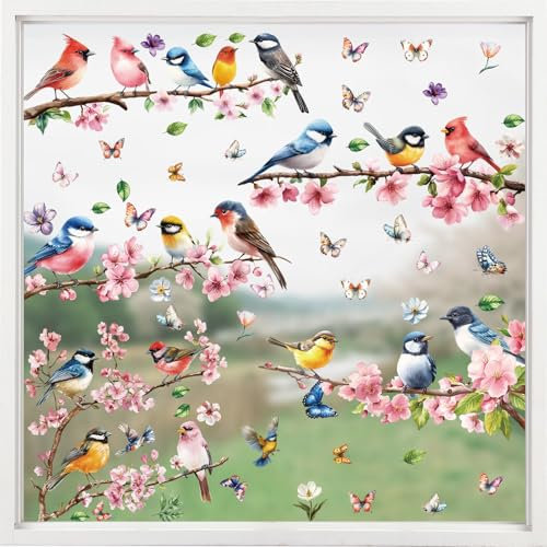 9 Blatt Fensterbilder Frühling Vögel Blumen Schmetterling, Fensterbilder Selbstklebend Fenstersticker Fensterfolie Kinderzimmer für Fensterdeko Frühlingsdeko