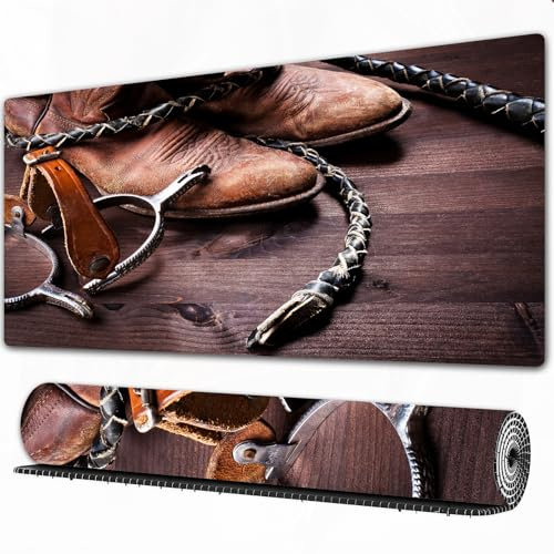 EOMKSE Mauspad Verlängertes großes Mauspad Schreibtischauflage,genähte Kanten Mauspad,Gummibasis,Western, authentische alte Lederstiefel und Sporen, rustikale Rodeo-Ausrüstung,Gaming-Mauspad,40x90 cm