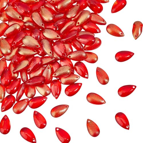 OLYCRAFT 100Pcs Teardrop Red Lampwork Glass Beads with Glitter 14x8mm Charms Top Drilled Beads Sparkling Crystal Loose Beads 1.2mm Hole for Jewelry Making DIY Crafted