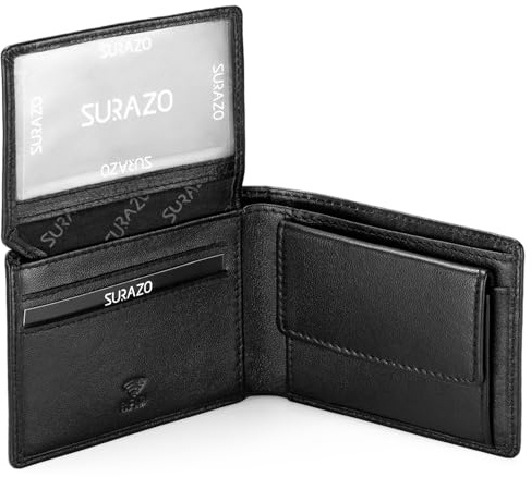 SURAZO Herrplånbok i äkta läder – svart – liten plånbok med RFID-skydd och myntfack – högkvalitativ present för män, svart, 11cm x 8cm x 2.5cm