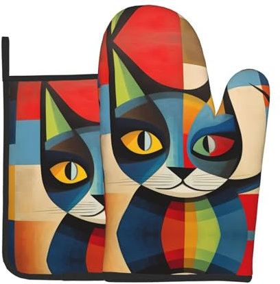 WZYWHJ Set di guanti da forno e presine a forma di gatto, per cucinare, forno a microonde, grigliate, resistenti al calore, con cordino
