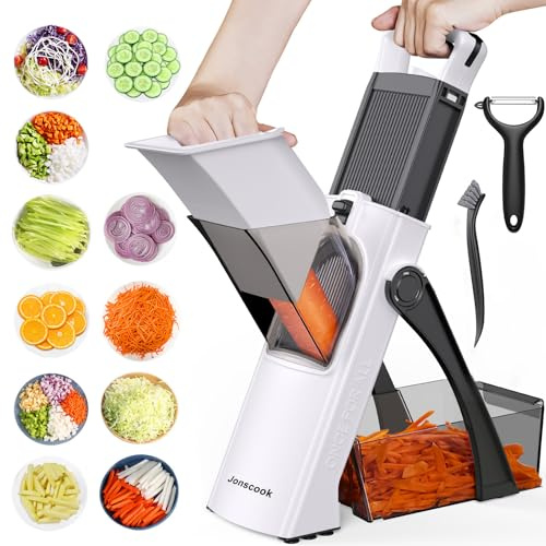 Jonscook Mandolina tutto in uno sicura per la cucina, affettatrice con contenitore, spessore regolabile per verdure, tagliapatate per patatine fritte, affettatore per pomodori e mele, affettacipolle
