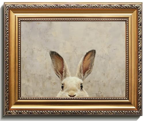 Uniro Vintage Gold Framed Wall Art, Easter Bunny Wall Art Decor, Neutral Rabbit Canvas Oil Painting Poster for Rustic Easter Décor, Vintage Home Decor Animals Artwork Prints Wall Decor for Kids Room, Living Room, Bedroom or Festive Spaces - 9x12inch