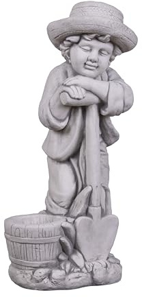 gartendekoparadies.de Statue de jardin en pierre - Garçon avec pelle et pot de fleurs - Hauteur : 68 cm - Gris - 36 kg - En pierre coulée - Résistante au gel - Pour l'extérieur