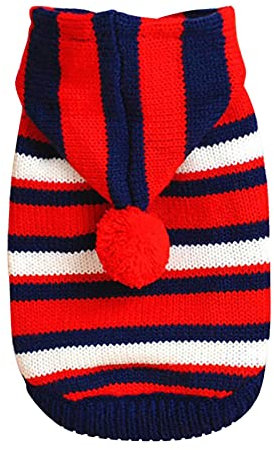 Dog Shirt Hundekleidung Teddy Sweatshirt Winter Gestreifter Welpen Welpenkostüm Katze Mit Hut Haustierkleidung Katzenhaarentferner Handschuh (Red, XXS)