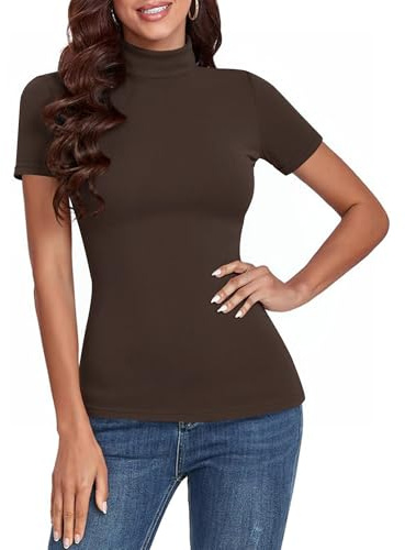 Totatuit Camiseta mujer de canalé cuello alto manga corta algodón elástico estilo ajustado y básico elegante y casual para verano Marrón，XL