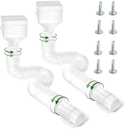 E1mity Expandable Gutter Drain Pipe, 2PCS 67in Flexible Downspout Extension, Adjustable Rainwater Kit from 21-67in, Gutter Connector with Screws for Outdoor Lawns Gardens Yards & Cement Floors, White