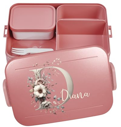 Mepal Bento Lunch Box Take a Break Personalizzato, Contenitore per il pranzo con scomparti, contenitore per il pranzo con nome, set di fiori, lettera iniziale, grande, rosso