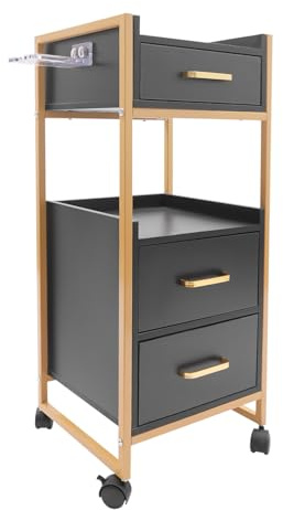 Carrello da parrucchiere con ruote e 3 cassetti, trolley da salone con 2 ripiani e 1 porta asciugacapelli, carrello da portata per spa, parrucchieri, 36 x 32 x 87 cm (nero)