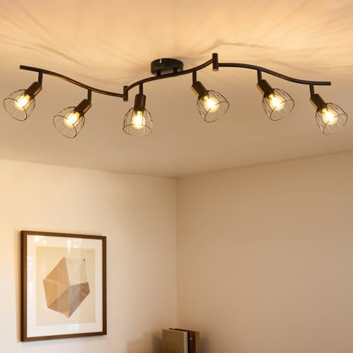 Leselux Plafonnier 6 Spots LED Orientable, Industriel Éclairage da Plafond Noir, Spots et Rails de Spot Plafonnier avec Douille E14, Rampe Spot Plafond pour Cuisine Salon Couloir Chambre(Sans Ampoule)