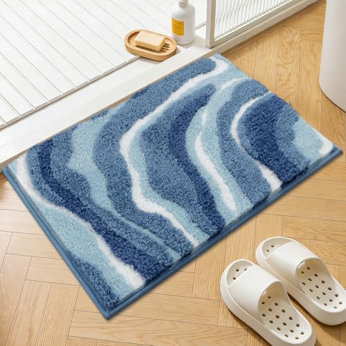 Enyhom Groß Badezimmerteppich 80 x 120 cm, Weich Dicker Blau Badteppich rutschfest Waschbar Badematte Super Saugfähig Flauschig Badvorleger, Schnelltrocknend Mikrofaser Badezimmer Teppich für Dusche
