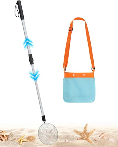 1 Pack Sand Sifter with Seashell Bags - 21.6~33 Adjustable Shark Tooth Sifter for The Beach Seashell Collecting, Mesh Shovel Scooper with Retractable Handle, Beach Toys for Adults Family Kids