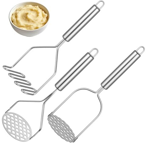 EnixwH 3 Pièces Presse Puree Manuel Acier Inoxydable, Ecrase Pomme de Terre Potato Masher 3 Têtes (Motif linéaire Carré) Ustensiles de Cuisine pour Légumes et Fruits Compatible lave Vaisselle